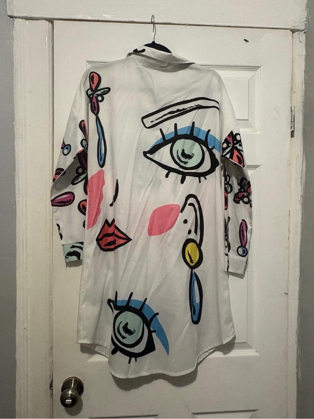 White Graphic Long Sleeve Shirt Dress with Abstract Face Print - Picture 2 of 2